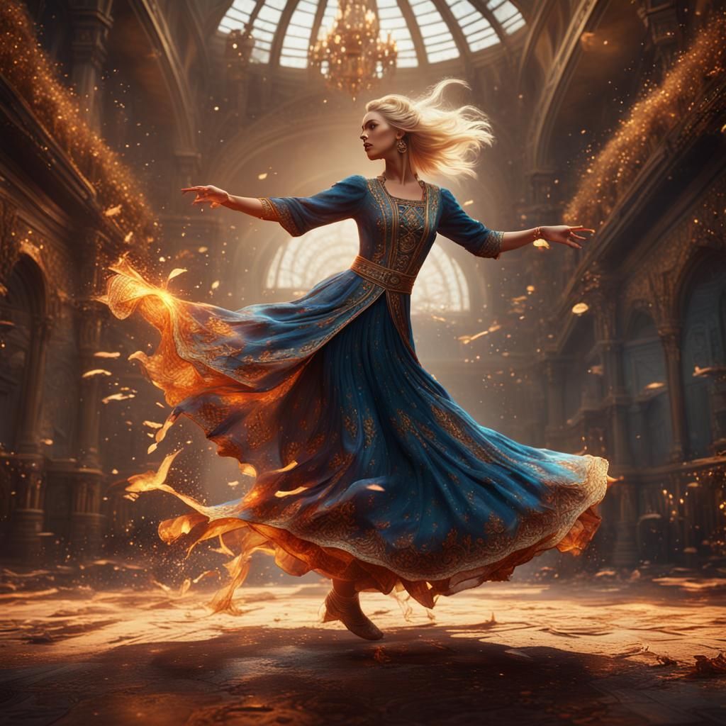 Elegant Blonde Woman Dancing in Fantasy Art Style