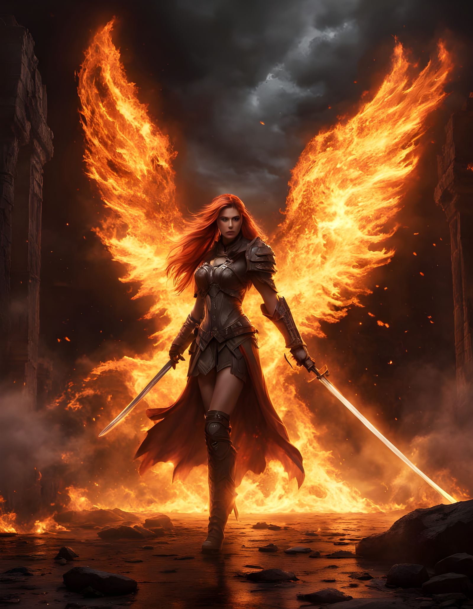 Epic Dark Fantasy Angel Wields Flaming Greatsword