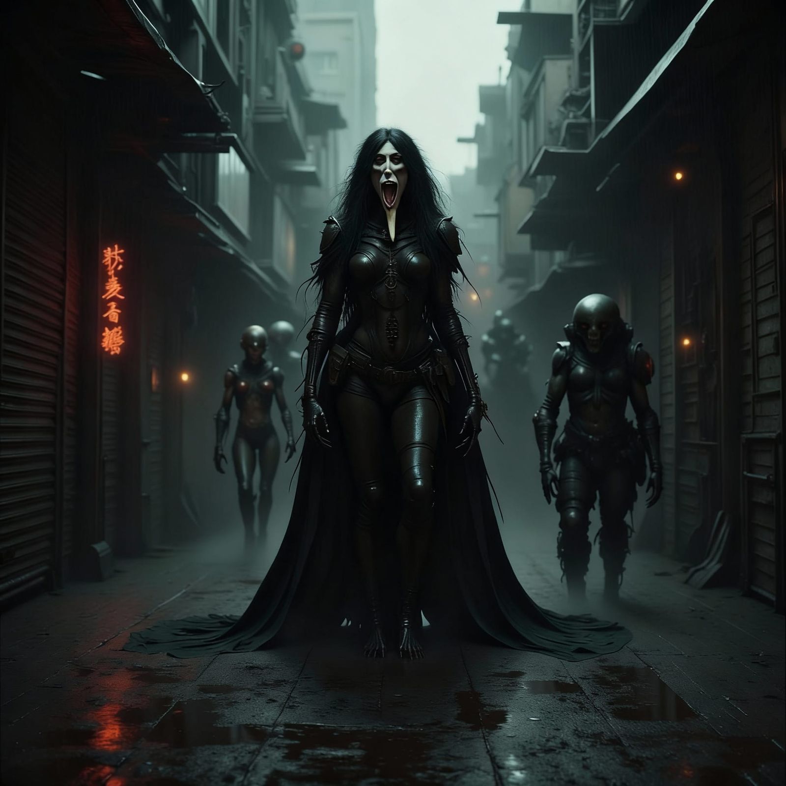 Orc Metahuman Hiding From Mech Police in Gloomy Slum