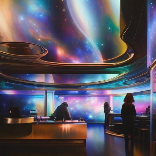 Cosmic Coffee Shop: A Sci-Fi Oil Painting
