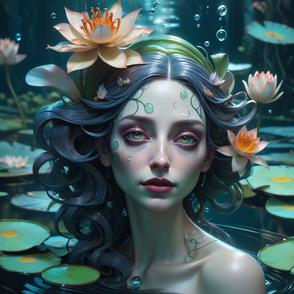 Fairy Girl on Lily Pond in Art Nouveau Style