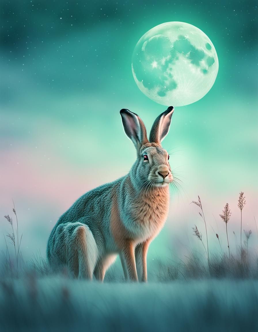 Winter Hare Gazing at Moon in Pastel Landscape