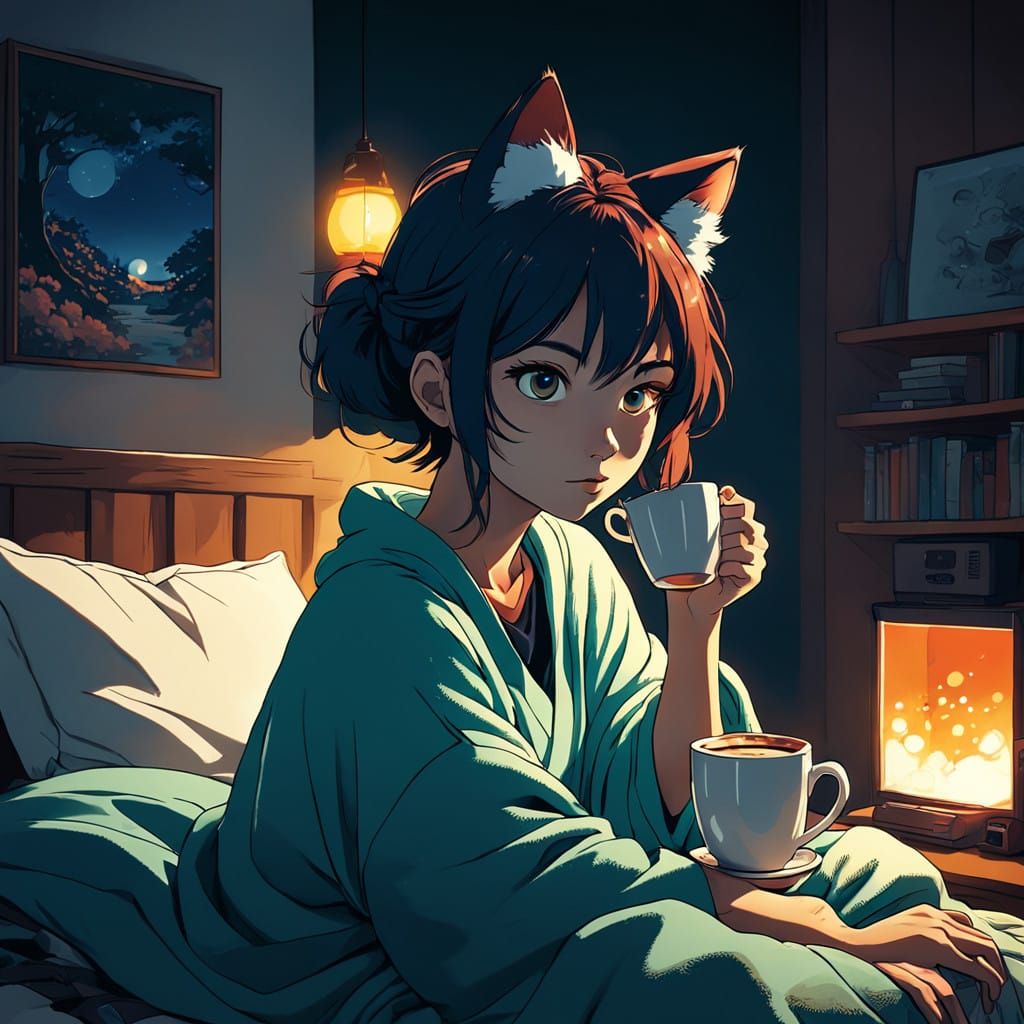 Serene Anime Girl Enjoys Morning Coffee in Cozy Bed