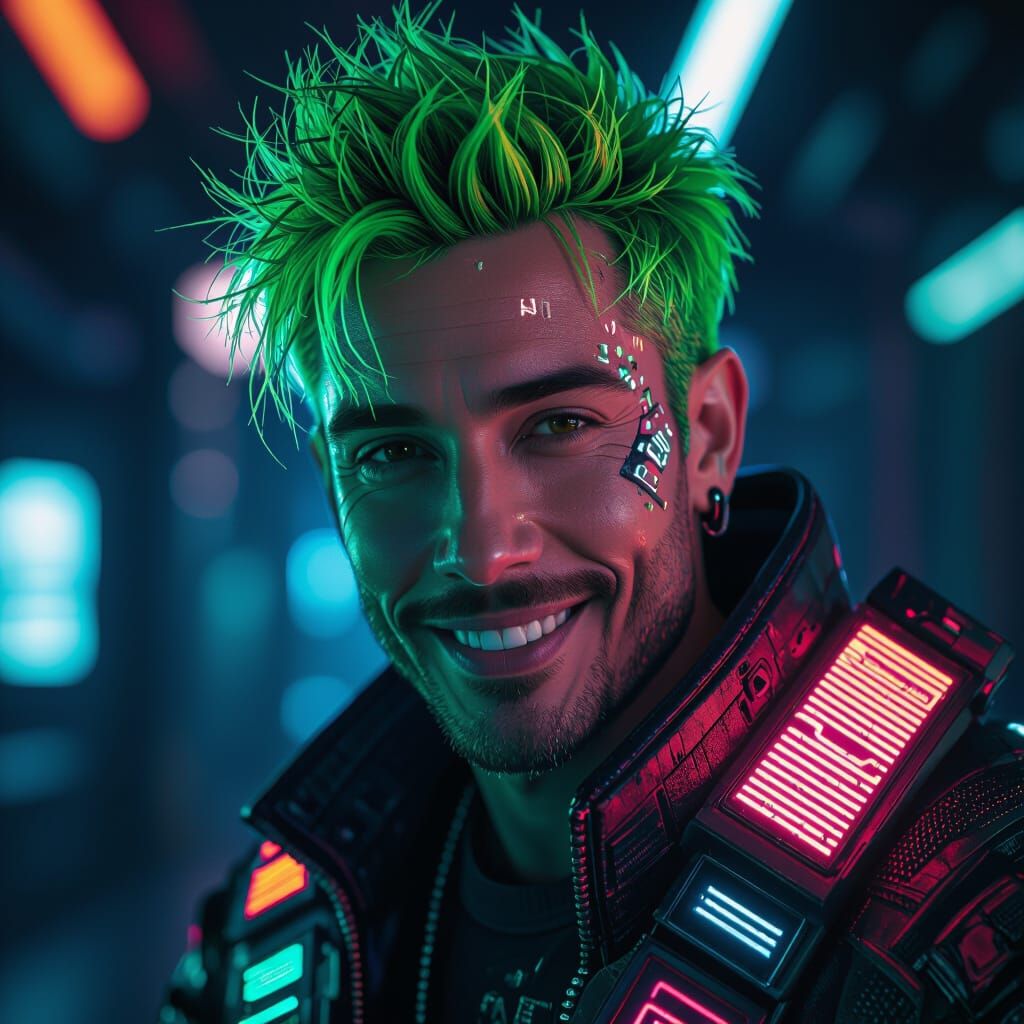Cyberpunk Portrait: Man with Neon and Green Hair