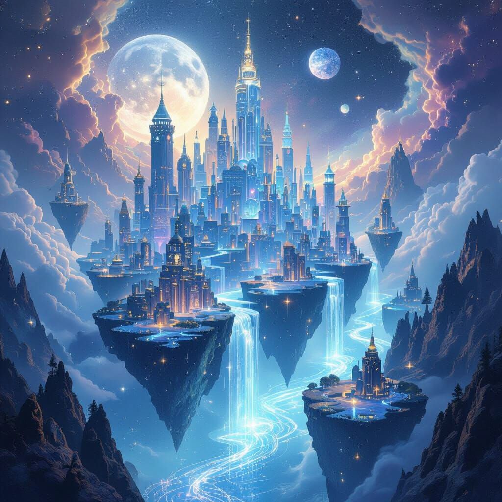 Ethereal Floating City in Cosmic Ocean