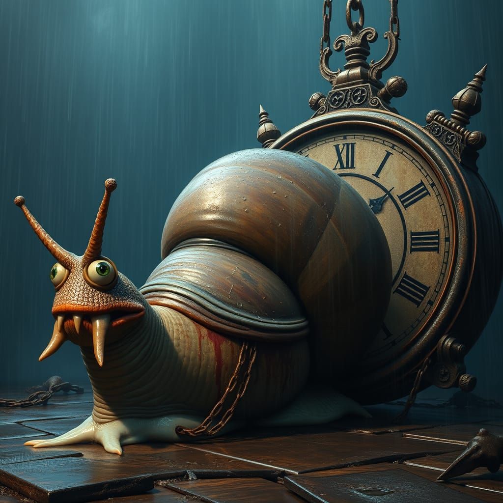 Gargantuan Snail Pulled Clock in Dark Mystical Realm