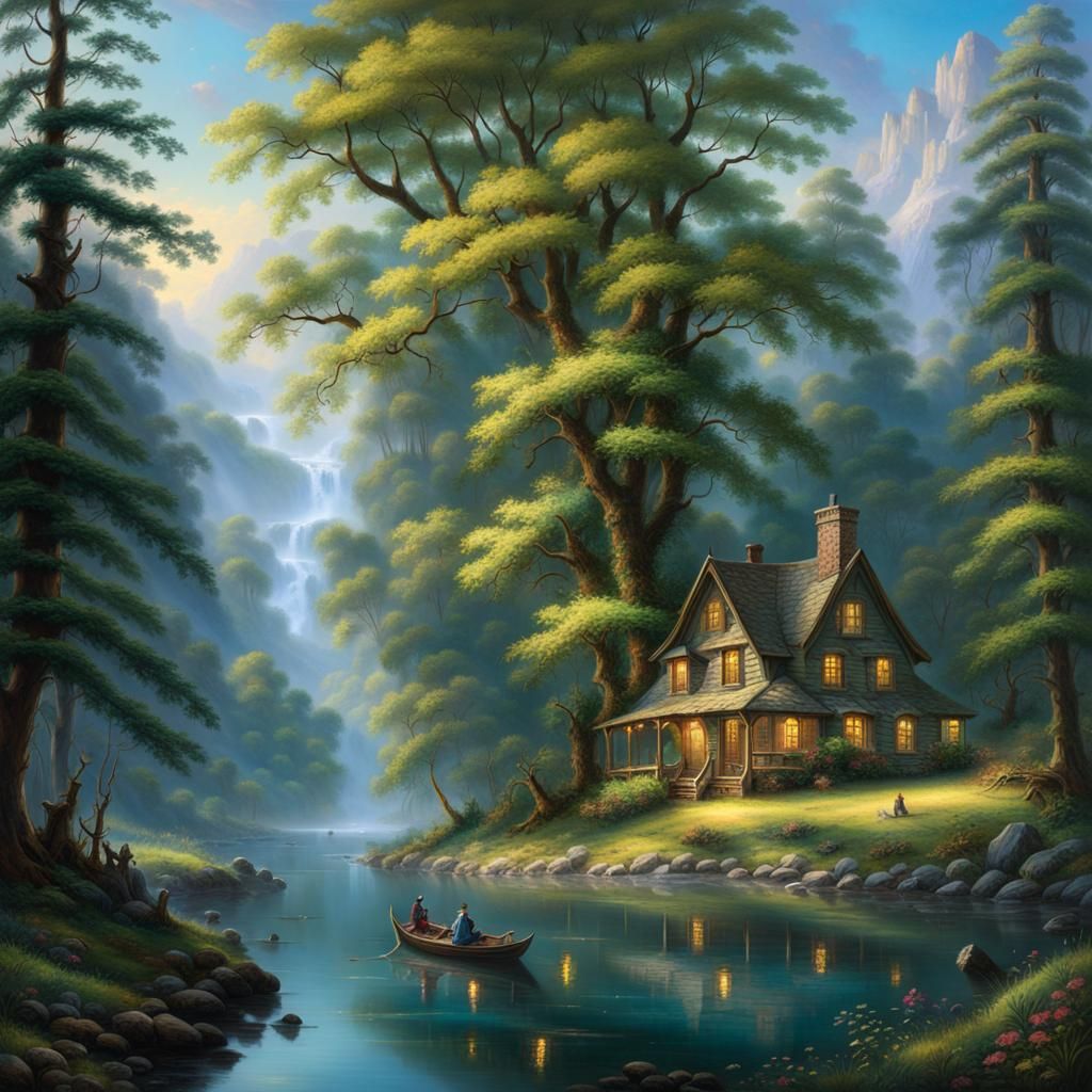 Fantasy River in Alpine Forest, Landscape Painting