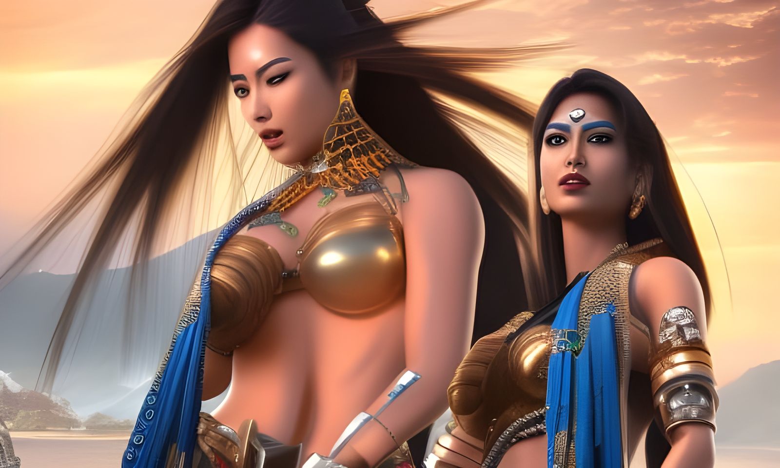 Asian woman in metal bikini and Indian female in robot armor photorealism CGSociety