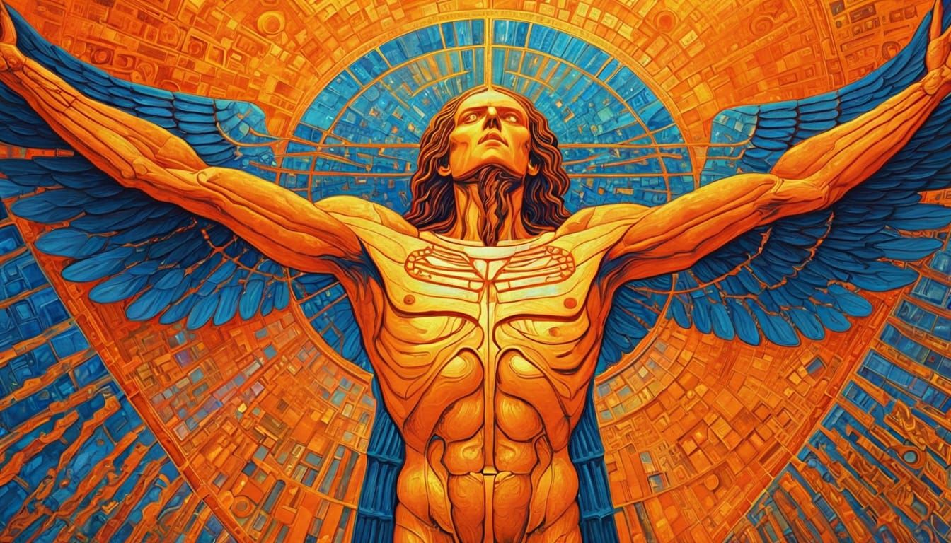 Winged Vitruvian Man in Abstract Expressionism