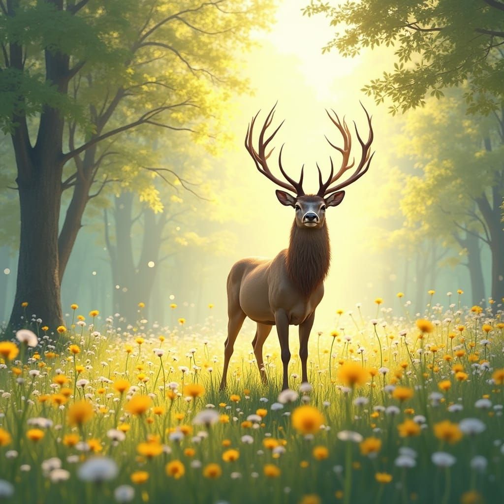 Majestic Stag in Dandelion Meadow Watercolor