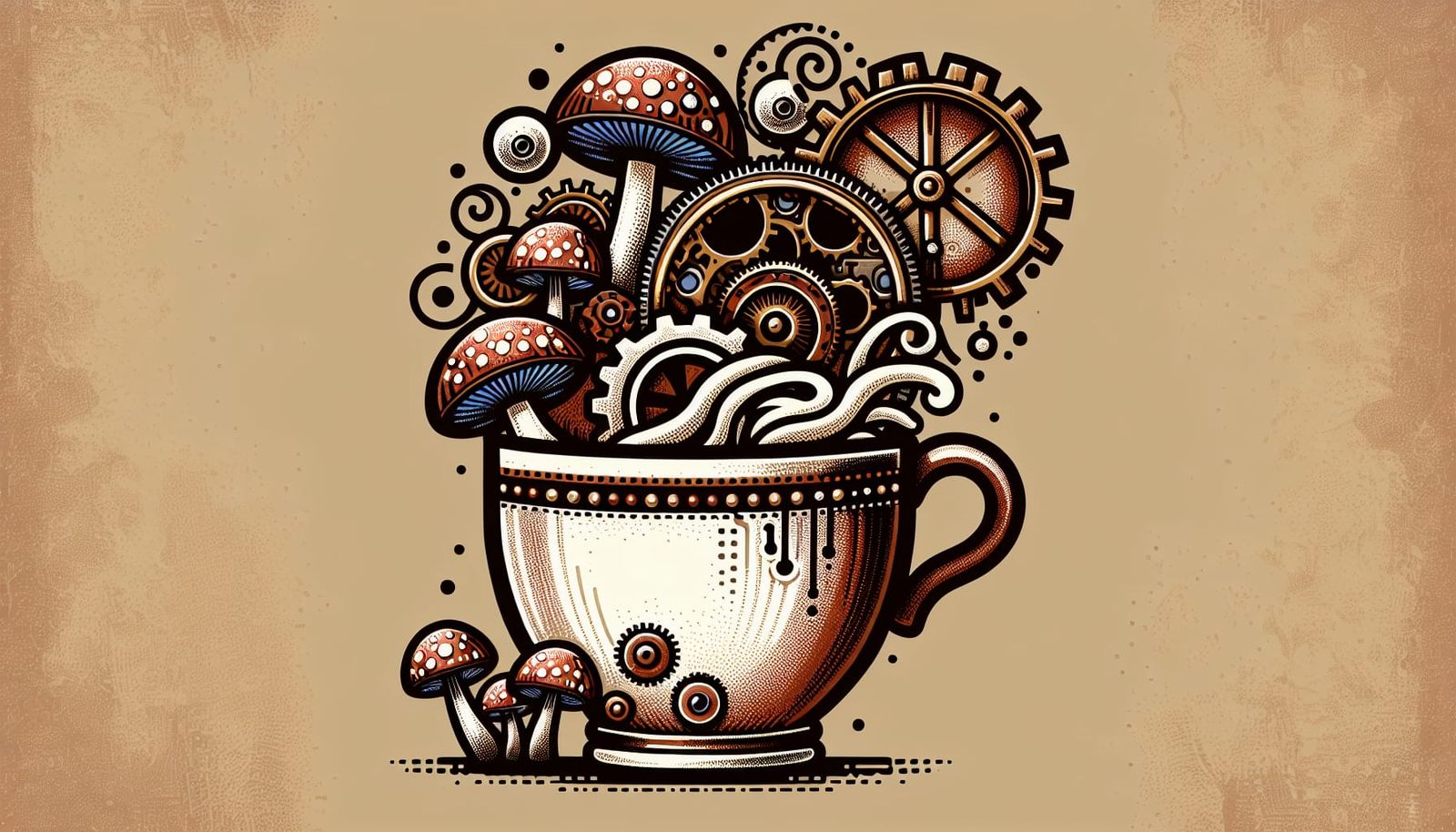 Steampunk Logo with Mug and Mushrooms: Trippy Design