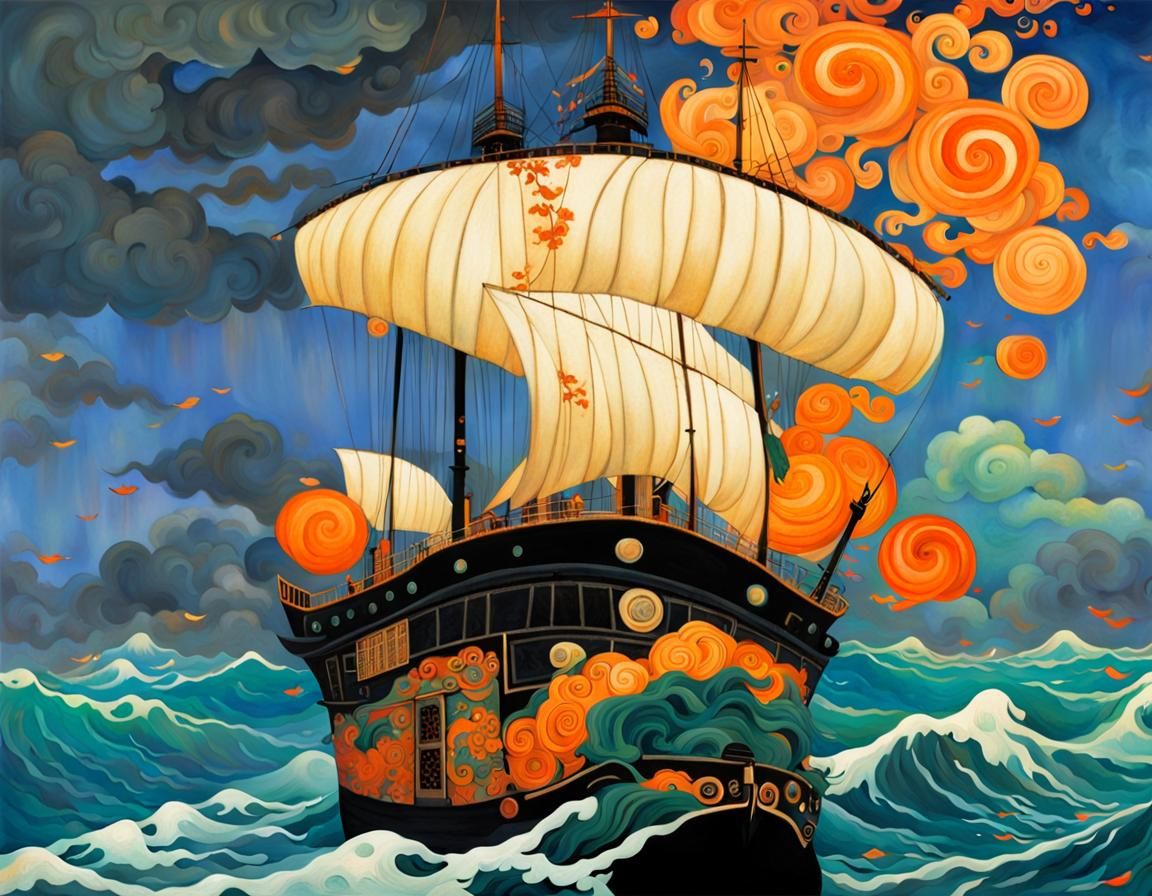 Samurai Corsair Ship in Art Nouveau Style