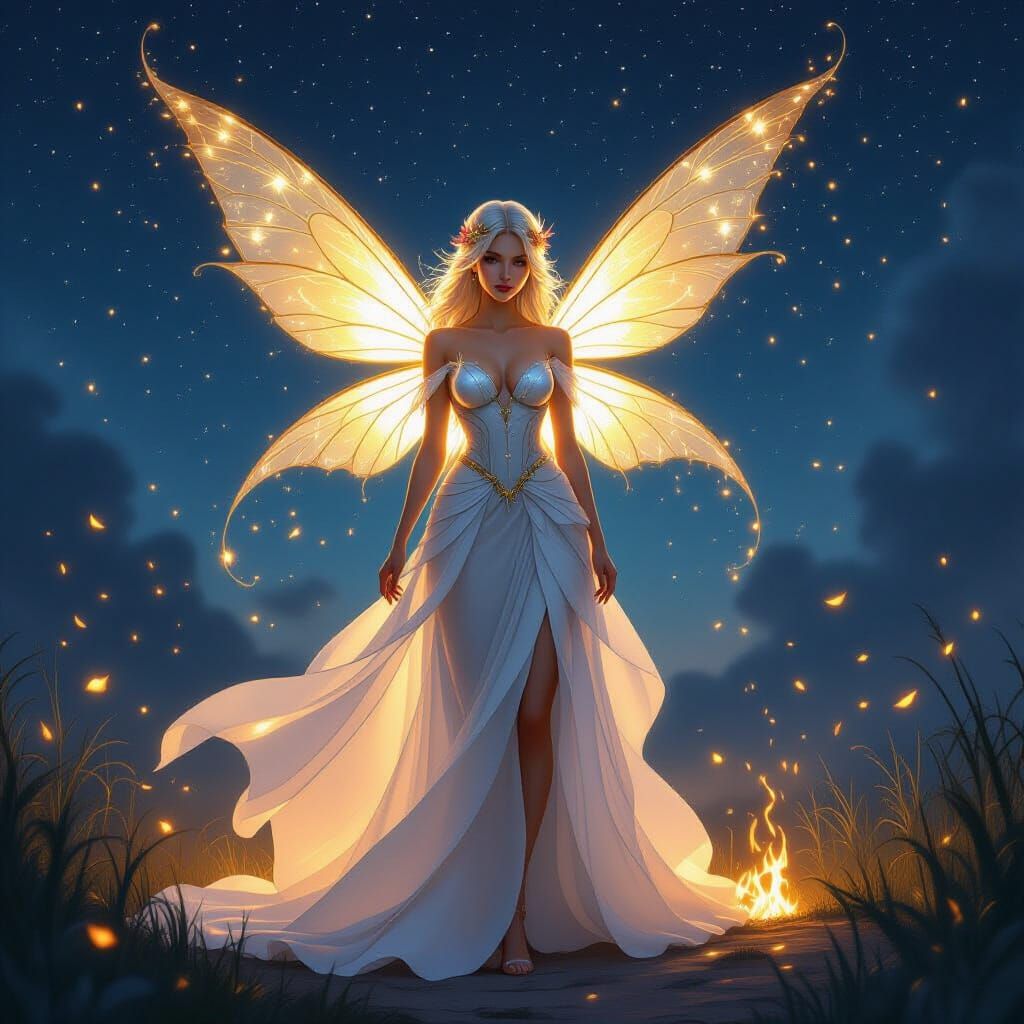 Glowing Fairy Under Starlit Sky in Digital Art Style