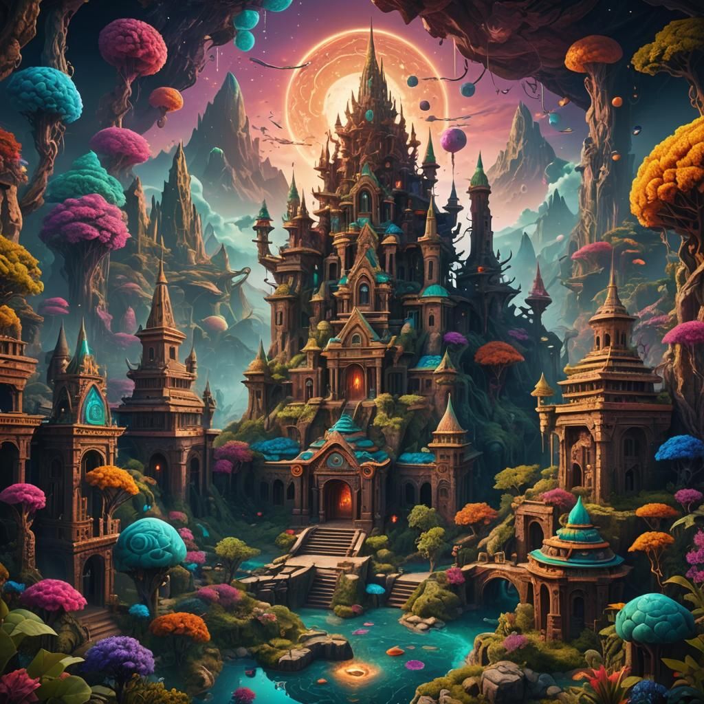 Vibrant Dreamscape with DMT Entities in Detailed Matte Paint...