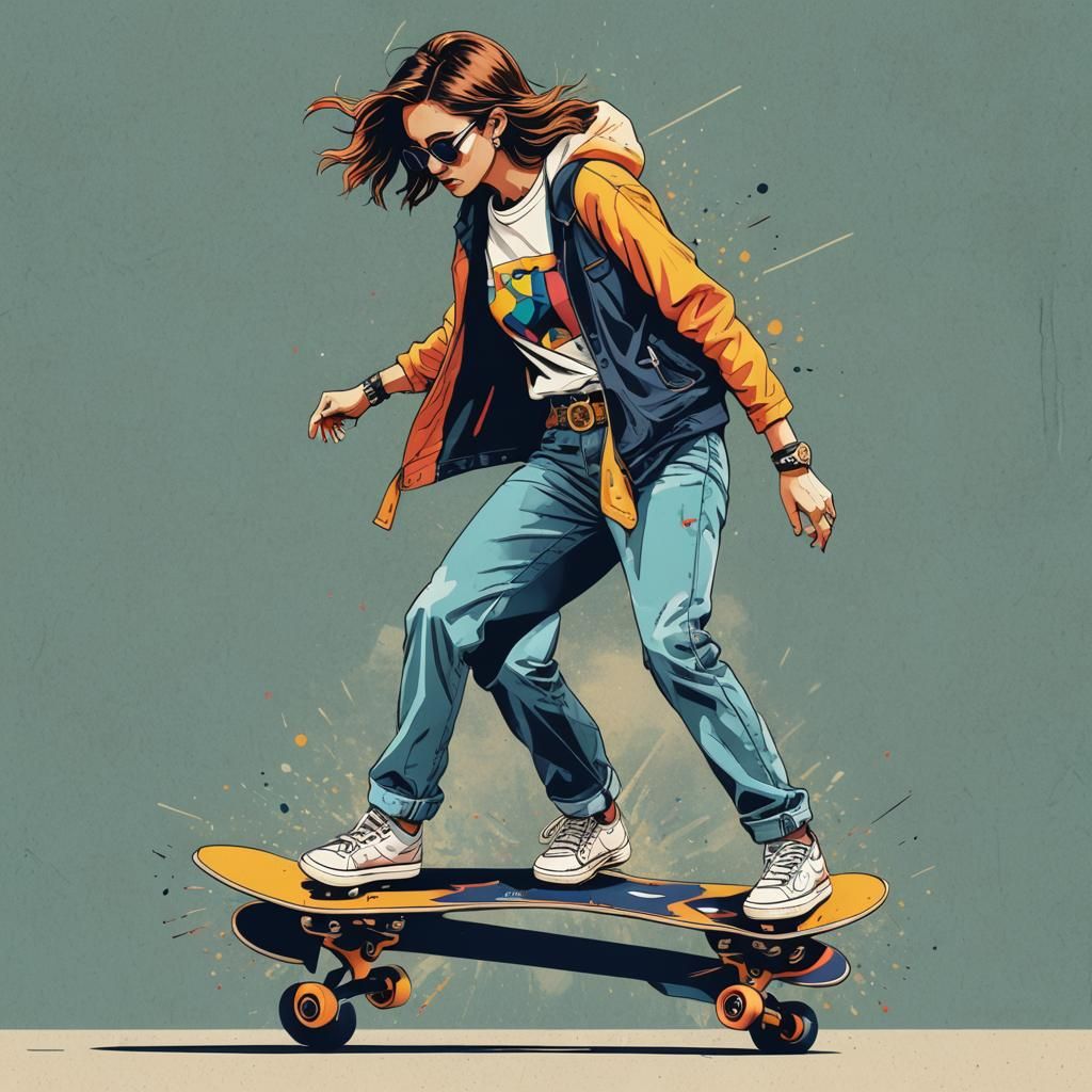 Girl Skateboarding: Pop Art Digital Illustration