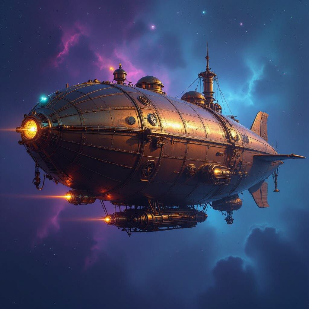 Steampunk Airship Drifting Through Purple Nebula