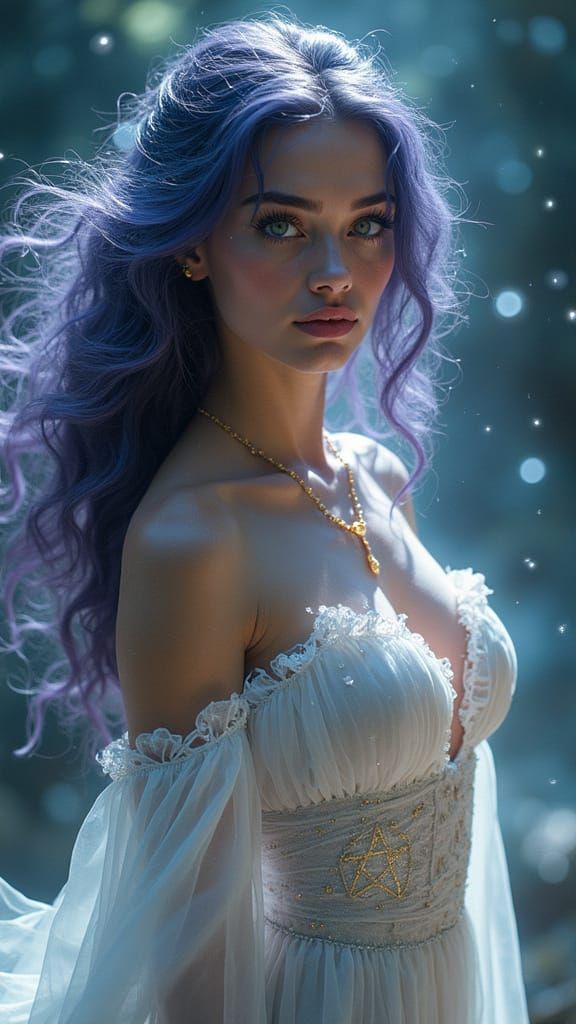 Celestial White Witch in Ethereal Gown with Ancient Wisdom