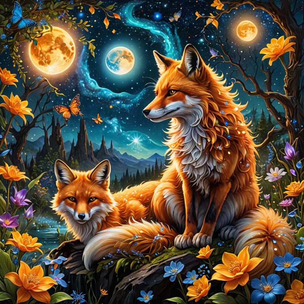 Fiery Crystal fox, bioluminescent flowers blooming, Fireflie...