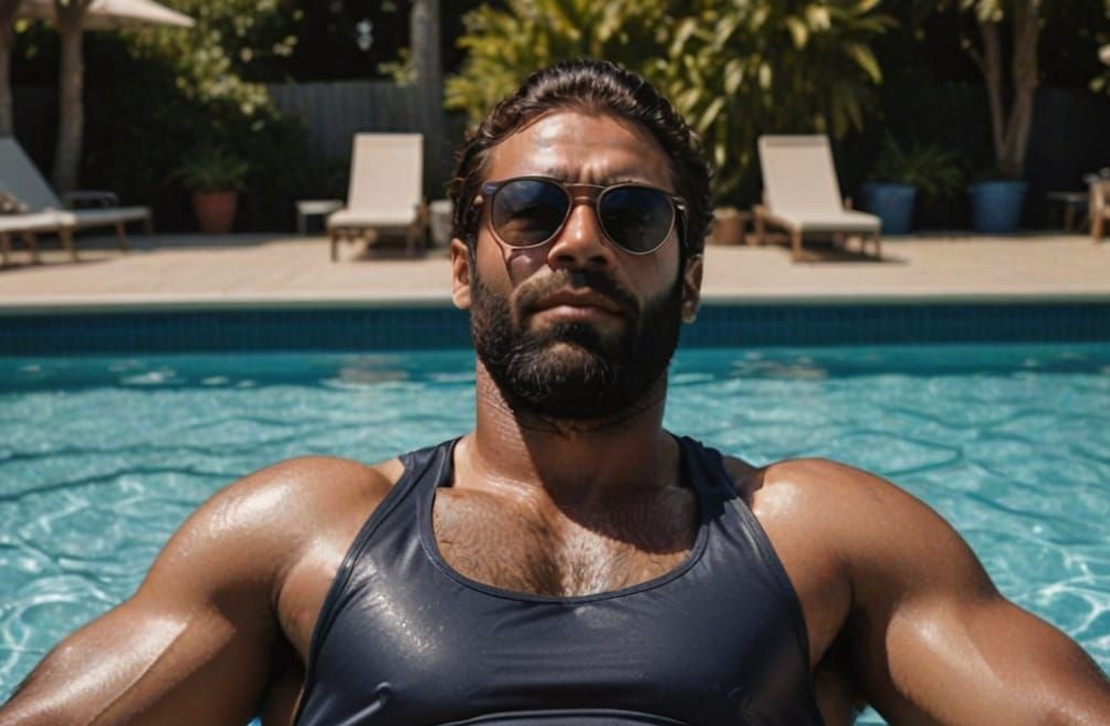 Attractive Man Soaks Up Sun by Outdoor Pool