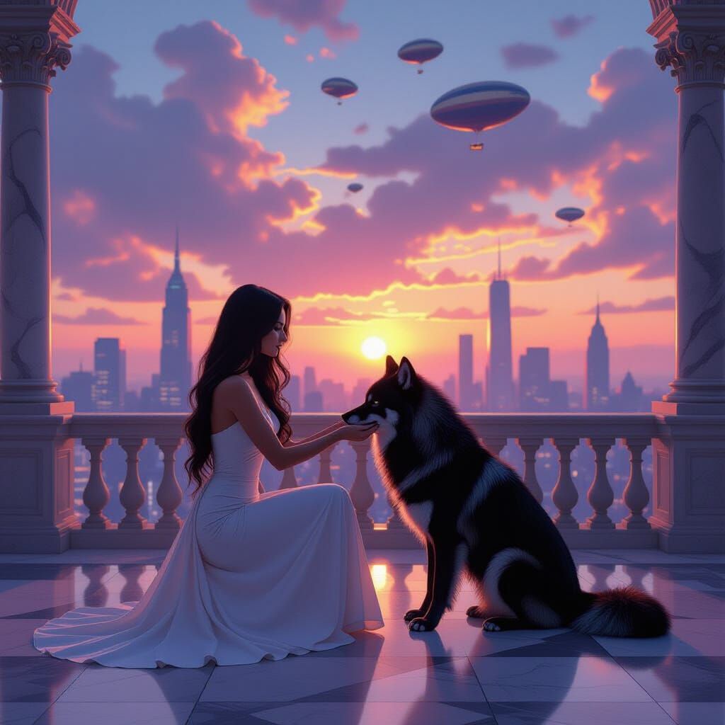 Woman and Wolf on Balcony Overlooking Sunset Cityscape