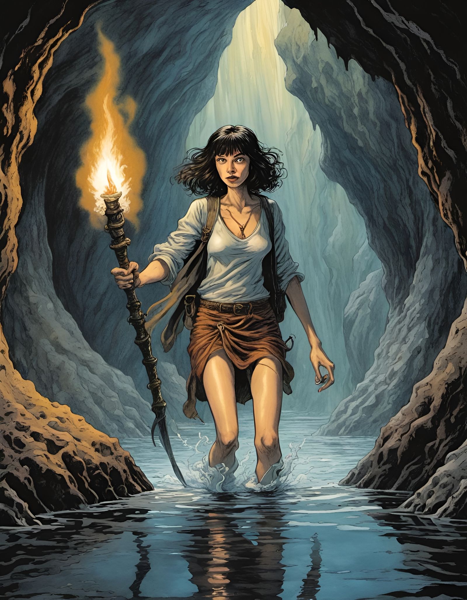 Adventuress in Flooded Cave, Dark Fantasy Illustration