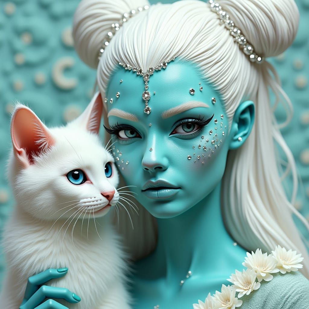 Turquoise Goddess with Mystical Cat in Claymation Style