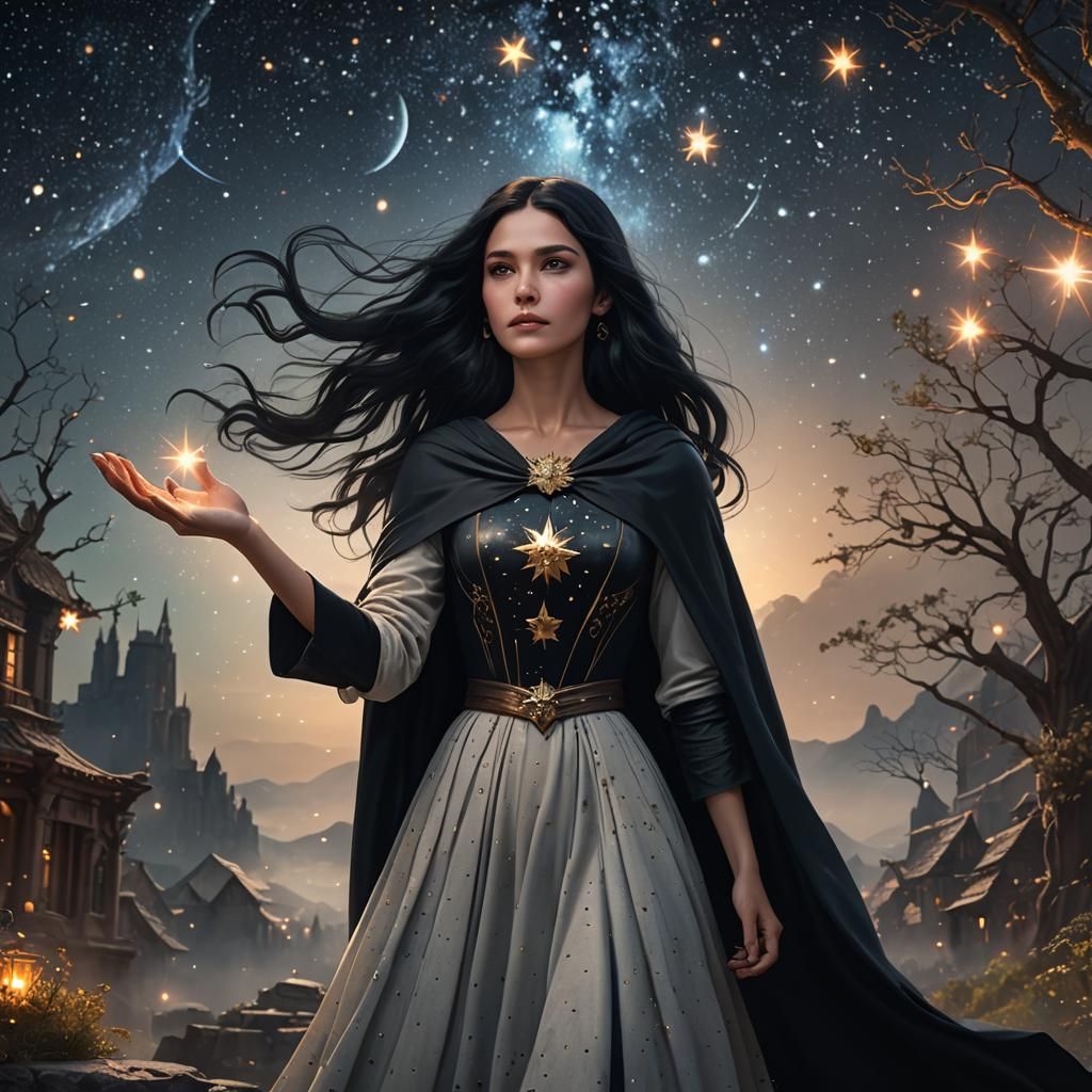 Woman Gazing at Stars in Her Hands