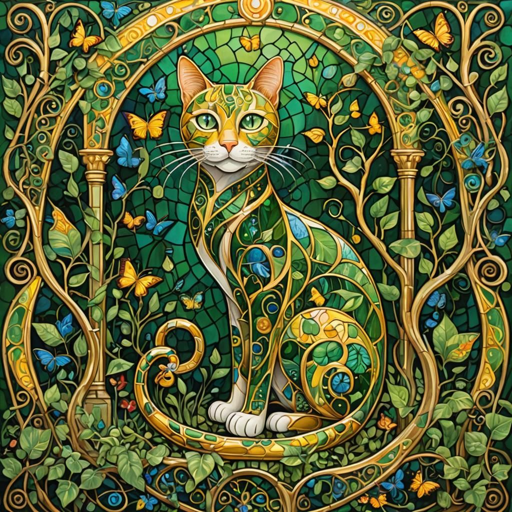 Gold Cat in Hundertwasser Fantasy Landscape