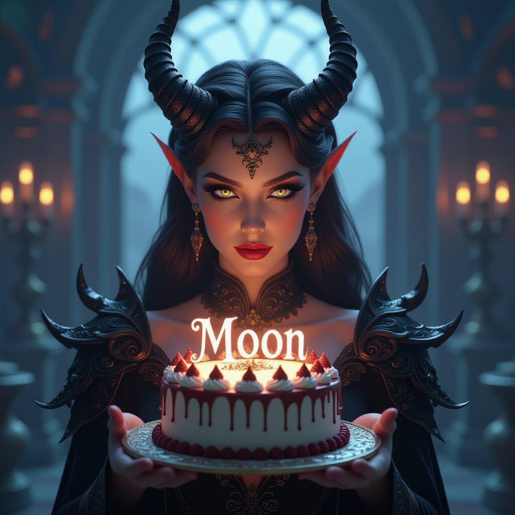 Demon Princess Holds Moon Cake in Cinematic 3D Style