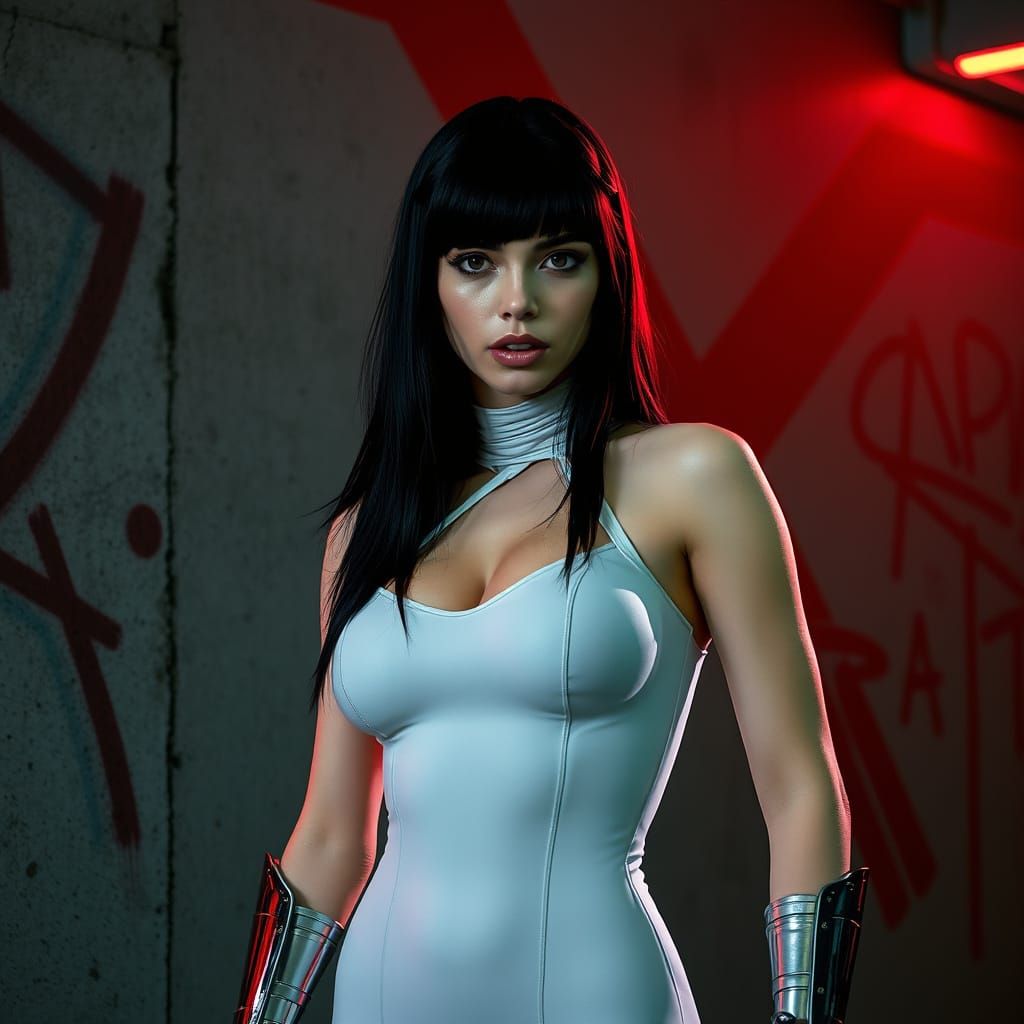 Cyberpunk Woman with Graffiti Wall in Gritty Style