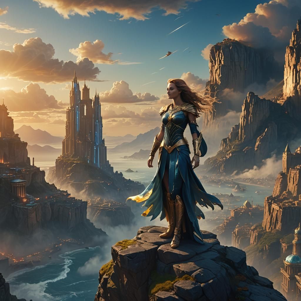 Majestic Atlantean Deity Over Ancient Metropolis