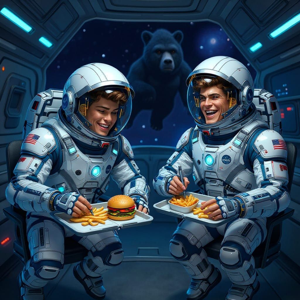 Gorillas in Space Suits Enjoying Music and Food