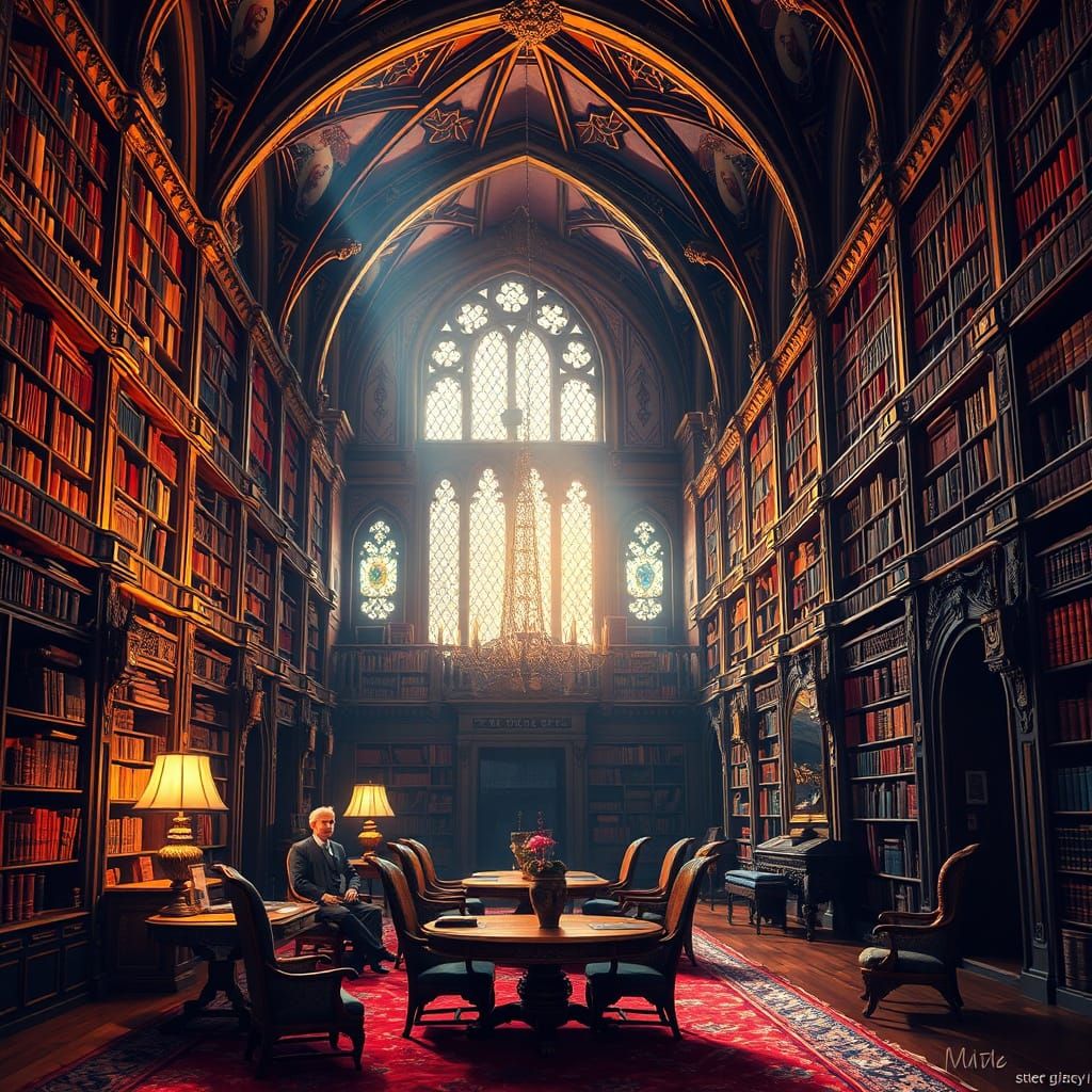 Majestic Library in Castle, Detailed Digital Concept Art