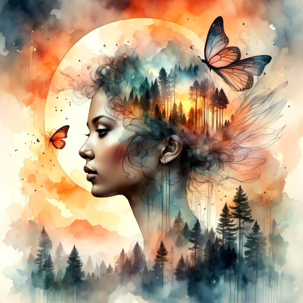 Fairy in Sunset Forest with Ancient Kingdom
