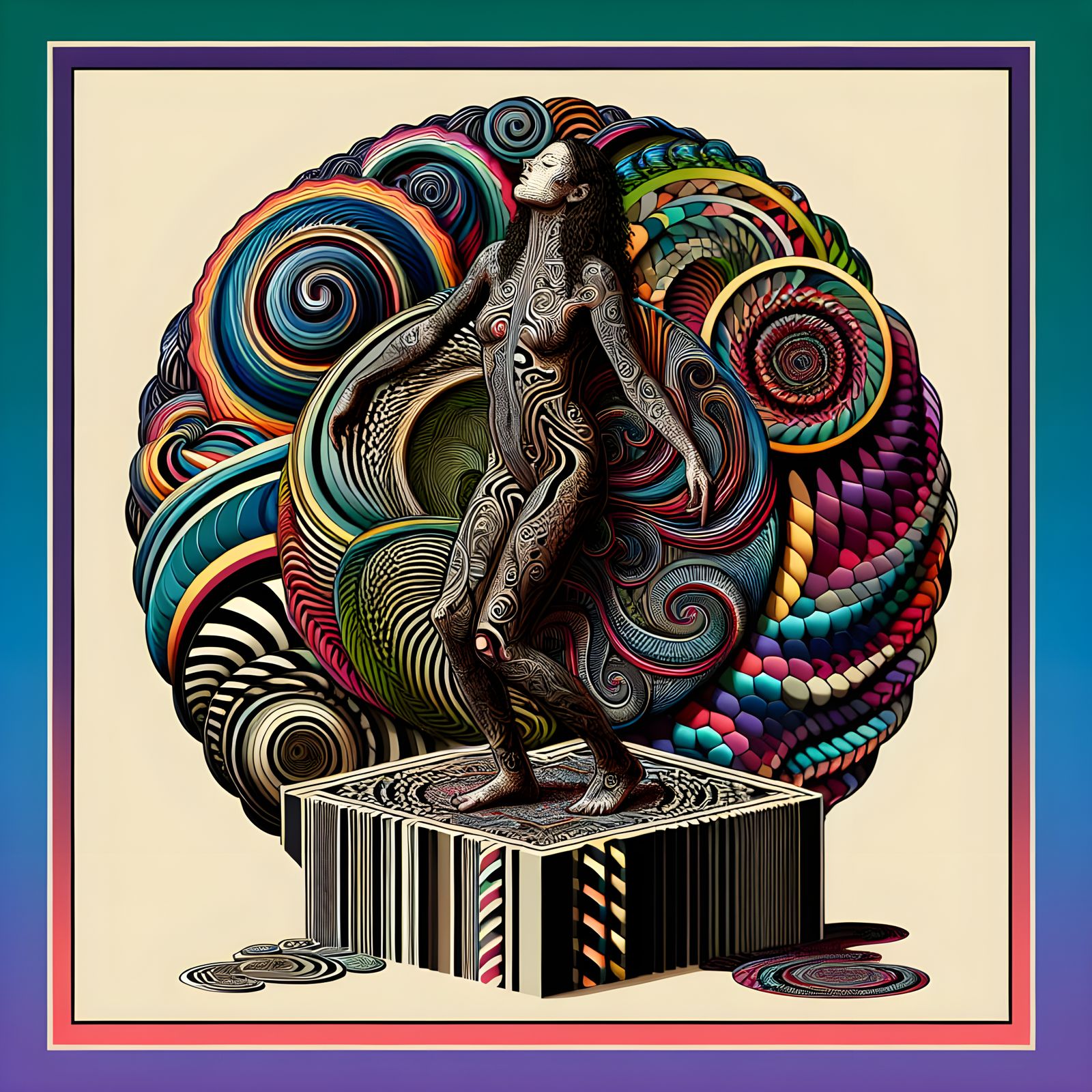 Surreal Tattooed Woman in Psychedelic Op Art Style