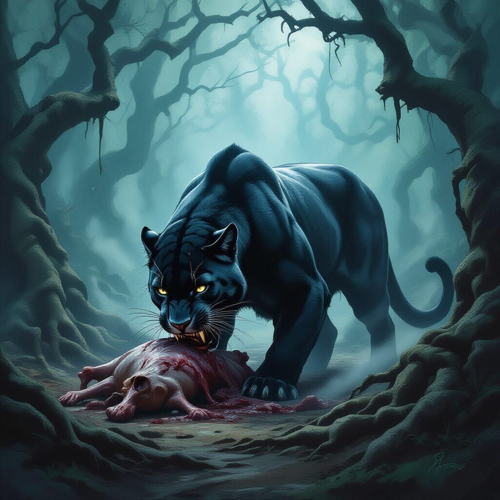 Gigantic Panther Devouring Carcass in Mystical Forest
