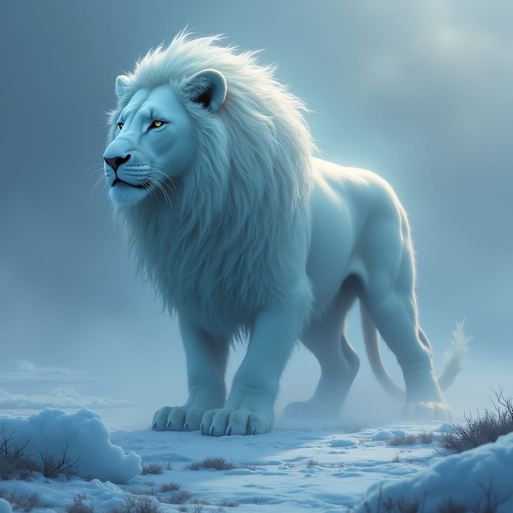 Ethereal Lion-Ghost Hybrid in Arctic Landscape