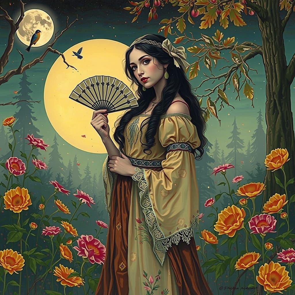 Woman in Moonlit Forest, Shishkin & Levitan Style