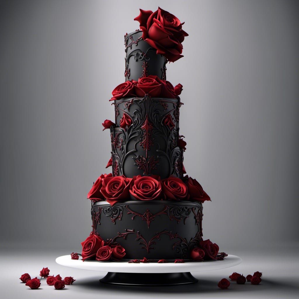 Gothic Wedding Cake with Red Roses in Fantasy Style