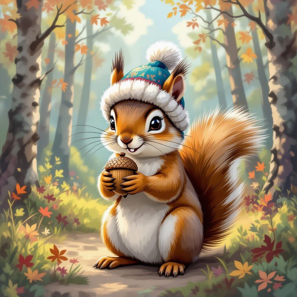 Squirrel in Ushanka Hat, Russian Folklore Art