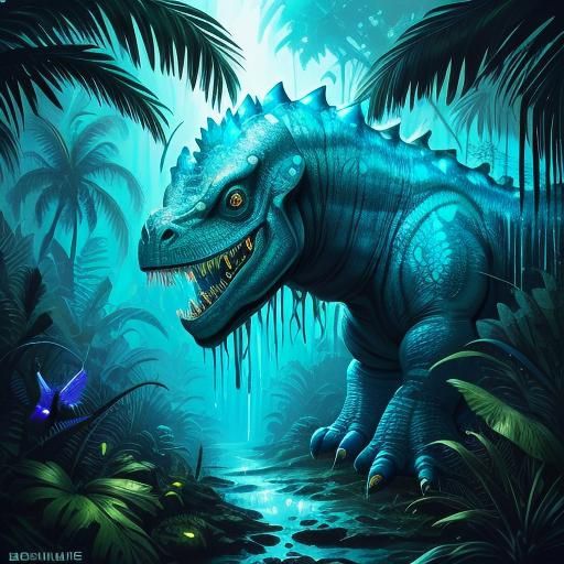 Bioluminescent Baby Dinosaurs in Magical Jungle, Graffiti Ar...