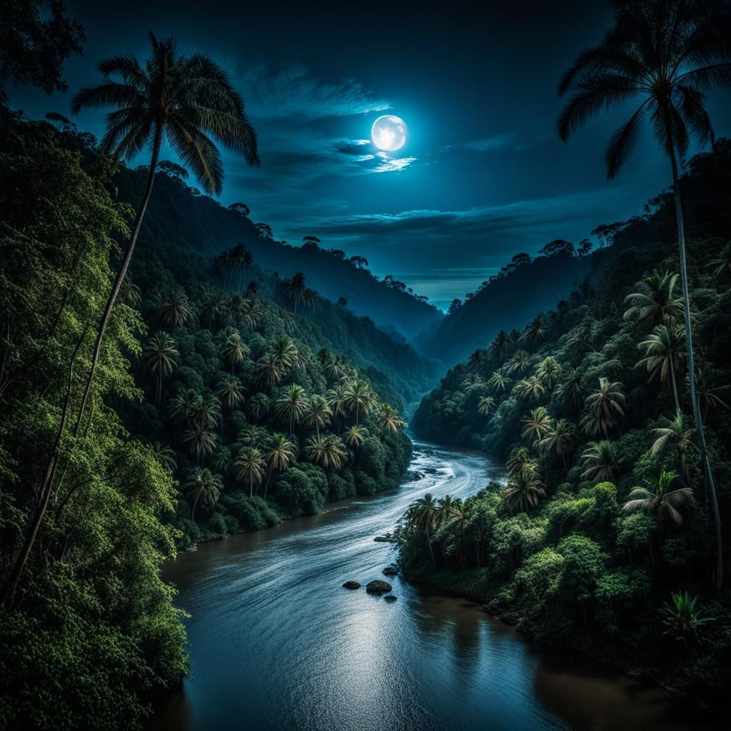 Moonlit Peruvian Jungle River in Hyperrealistic Style