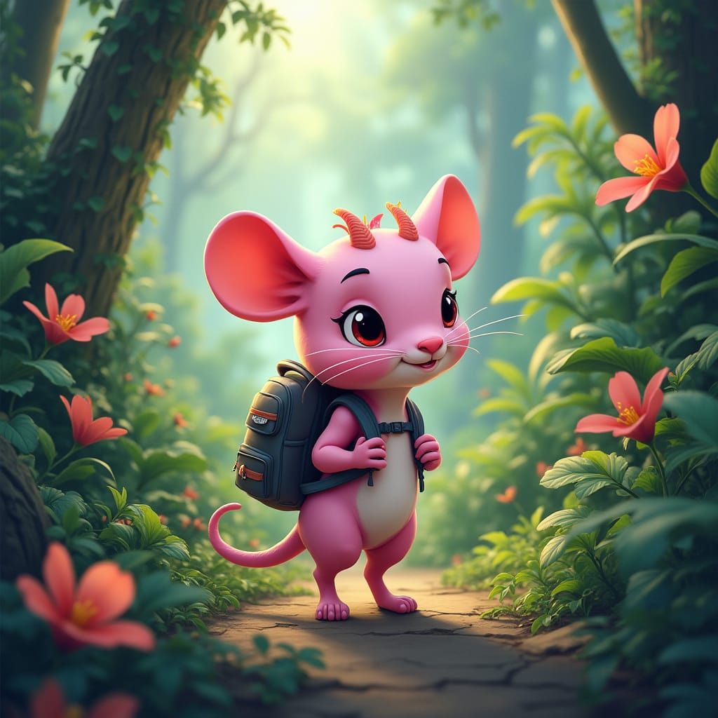 Pink Mouse-Goat Hybrid in Hyperrealistic Jungle