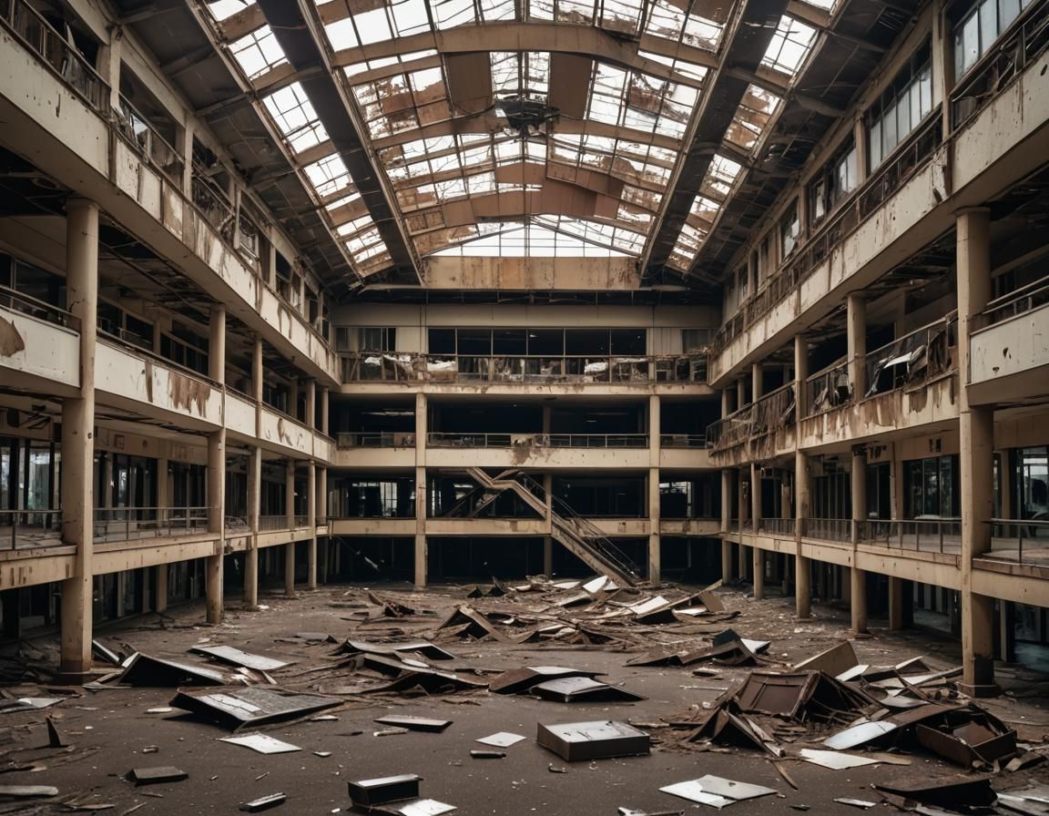 Eerie Interior of Abandoned 1980s Shopping Mall