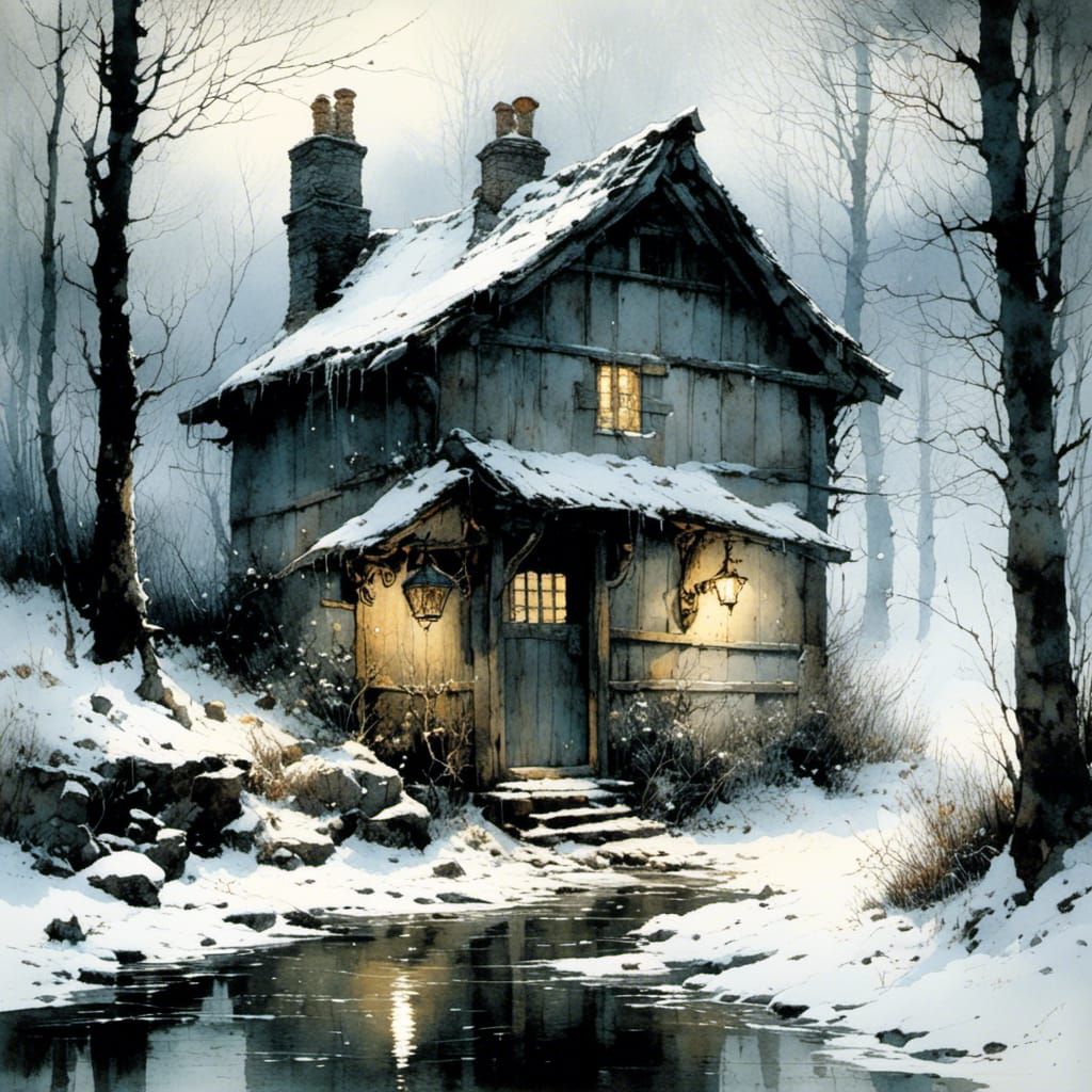 Intricately Detailed Winter Refuge in a Snowy Landscape