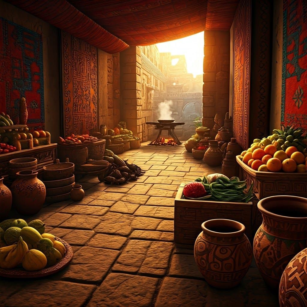 Vibrant Aztec Market Scene in a Fantastical Style