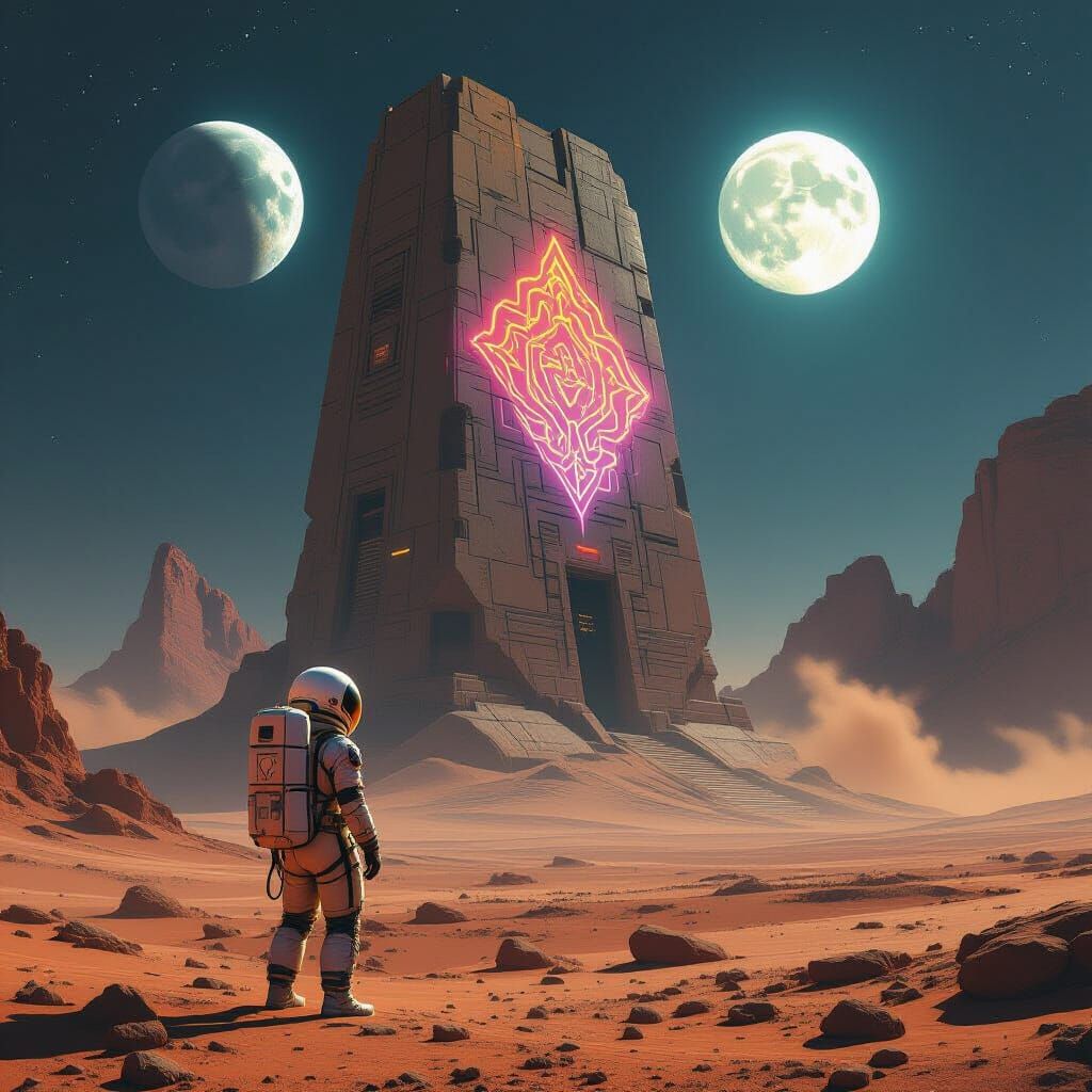 Astronaut and Ancient Alien Structure on Barren Planet