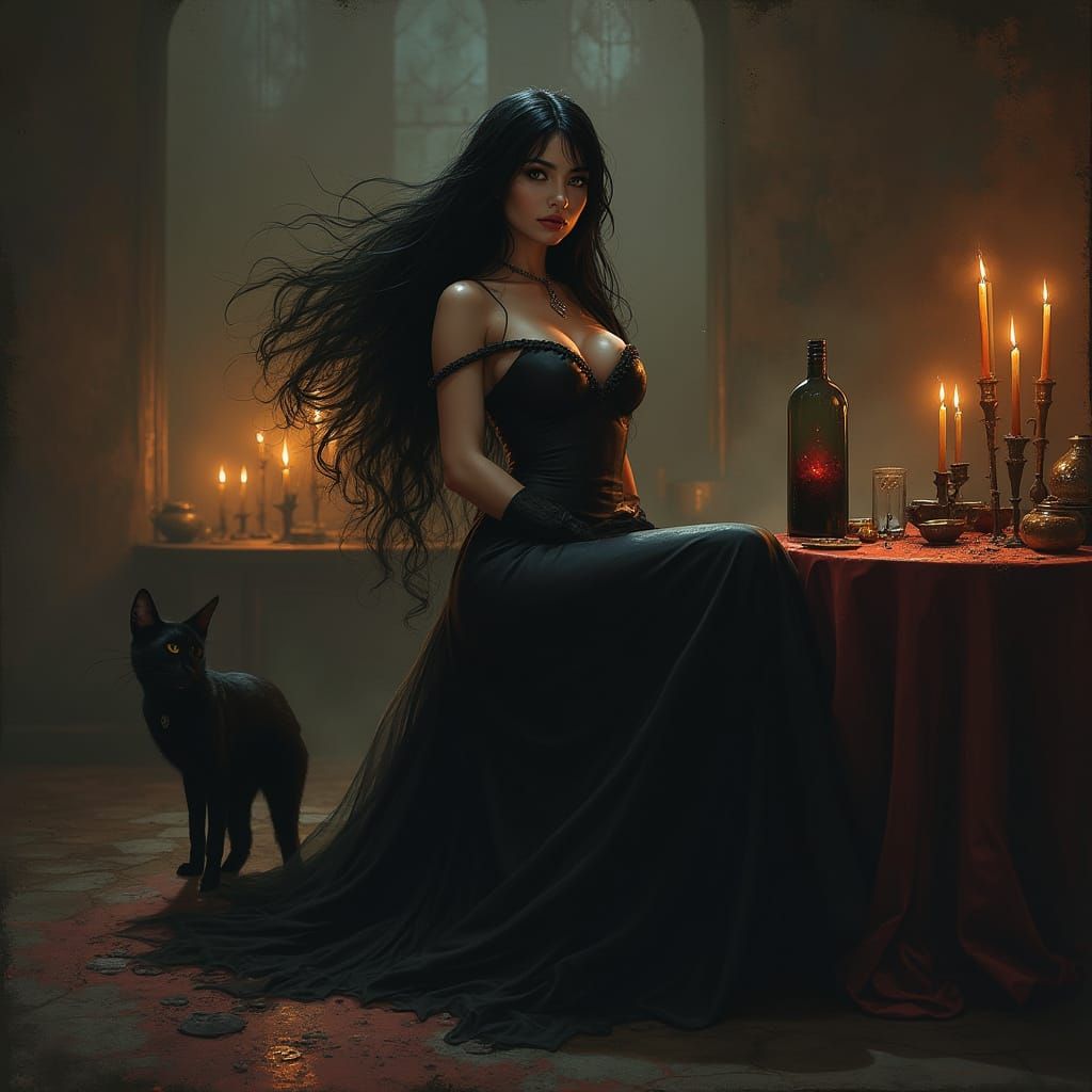 Seductive Witch Performs Dark Magic in Candlelit Lair