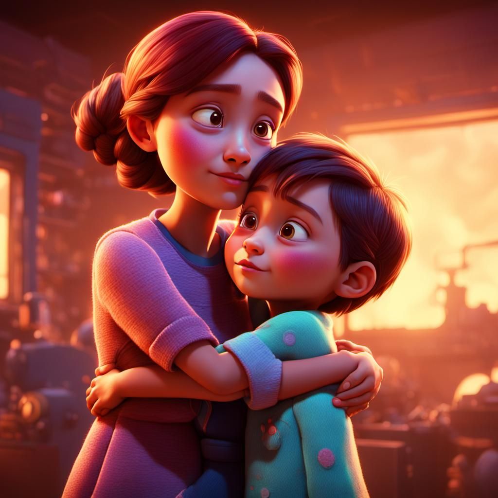 Mother and Child Embrace: Pixar-Style 3D Art