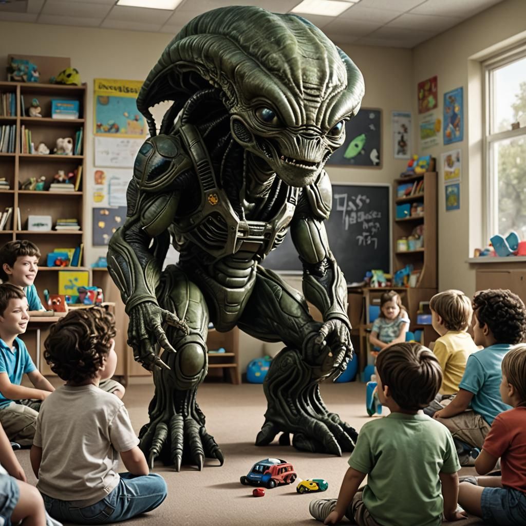 Alien Monster Caring for Kids in Kindergarten